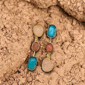 brand new asymmetrical gemstone dangle earrings .925 silver posts coated aqua